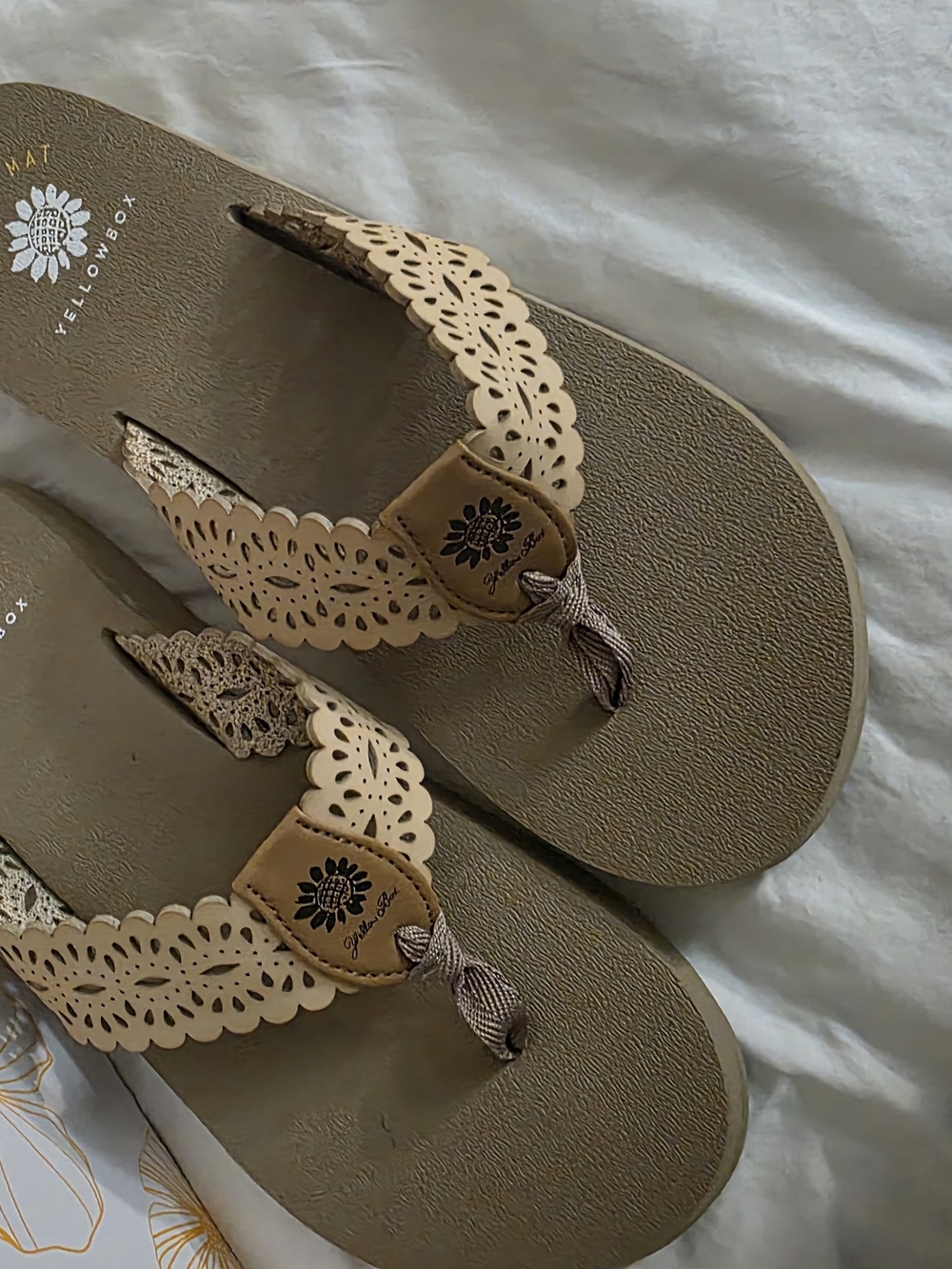 Beige Scalloped Thong Sandals - Yellow Box
